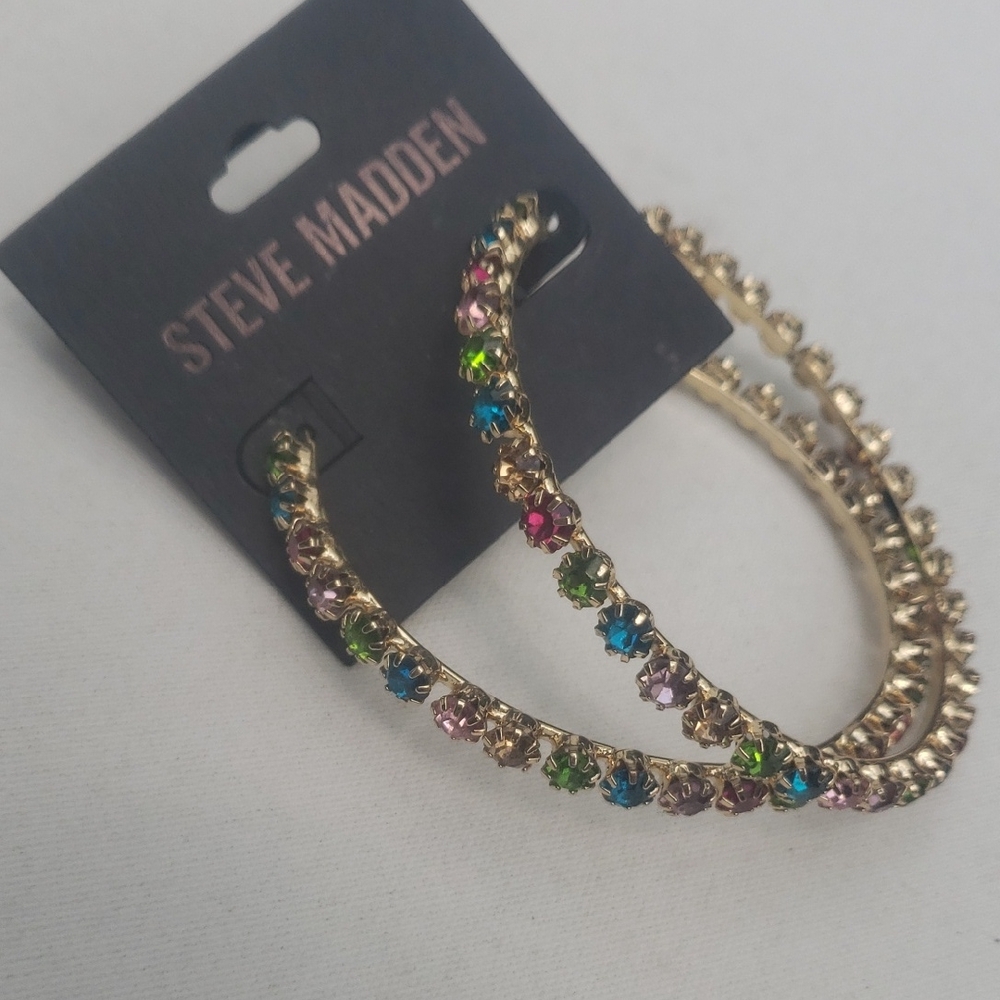 Steve Madden Large Gold Hoops with Colorful Gems